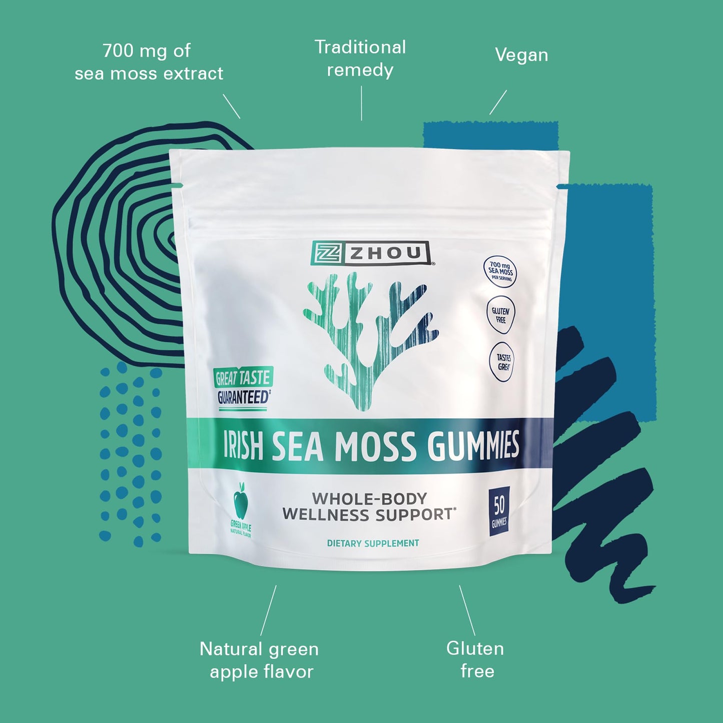 ZHOU Irish Sea Moss Gummies, 700 mg Sea Moss Extract, 50 Count