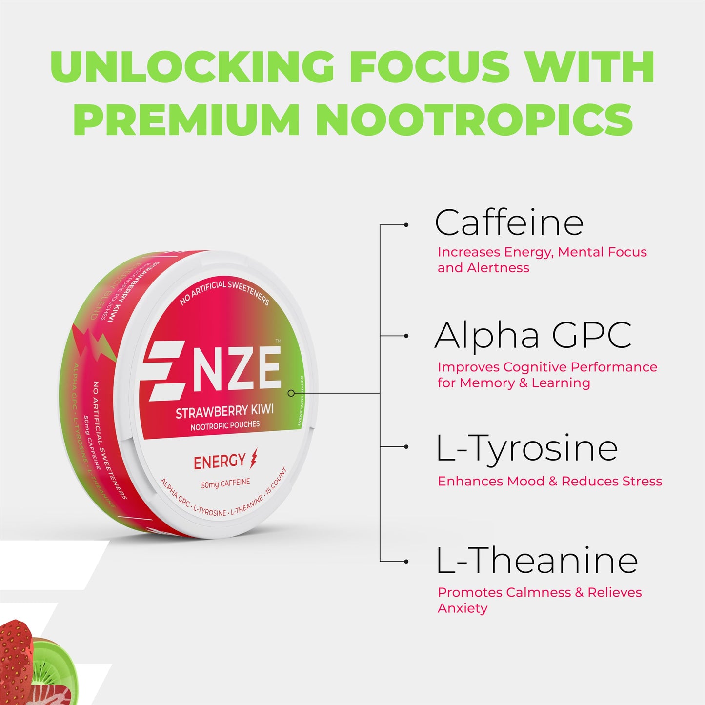 NZE Caffeine Nootropic Pouches (Strawberry Kiwi) Caplet, 5 Count