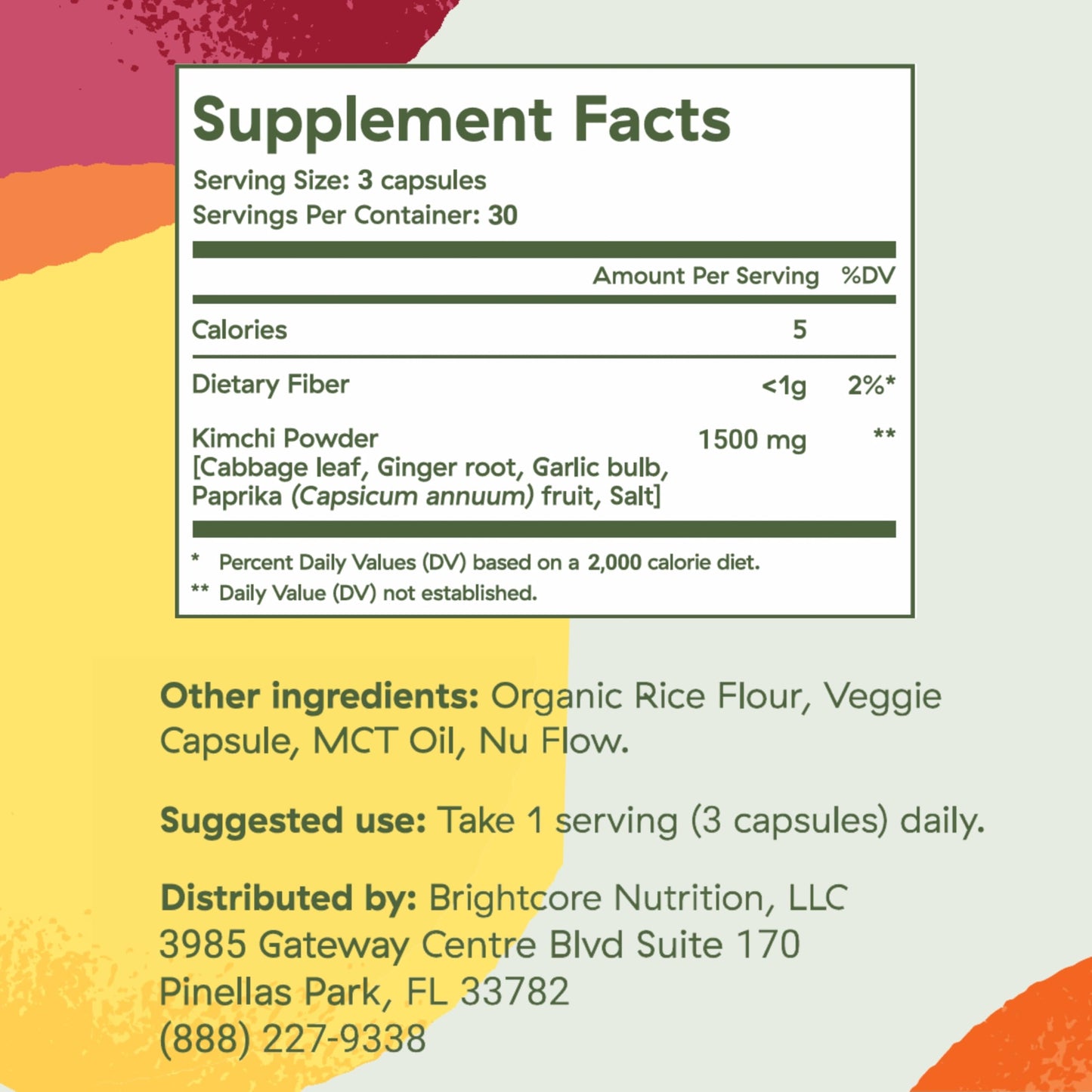 Brightcore Kimchi One Kimchi Powder Probiotics, Enzymes & Antioxidant Supplement Capsules, 90 Count