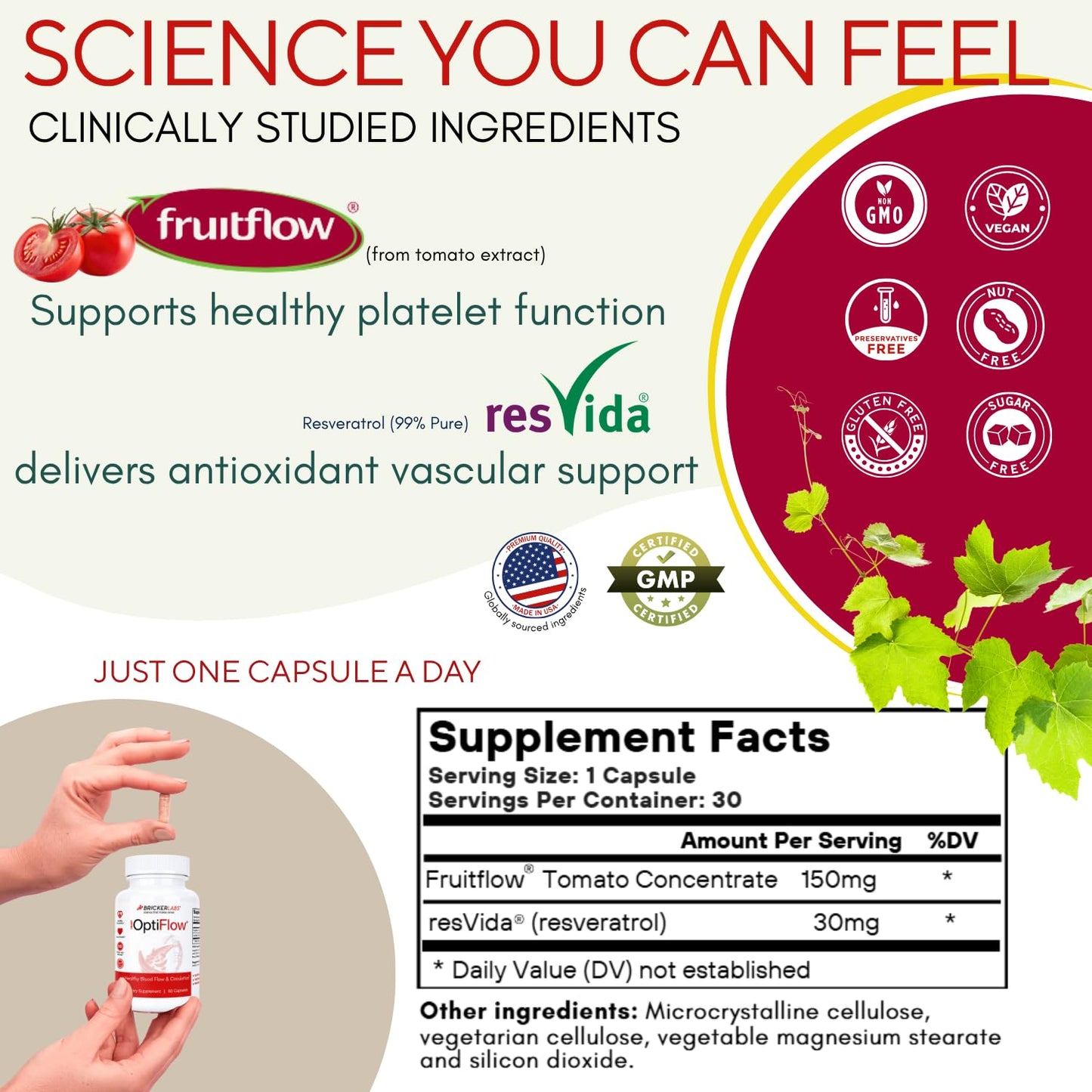 Bricker Labs OptiFlow Circulation Supplement – Supports Healthy Blood Flow & Cardiovascular Function, Vascular Health with FruitFlow & resVida Resveratrol, Gut-Friendly Formula, 60 Capsules