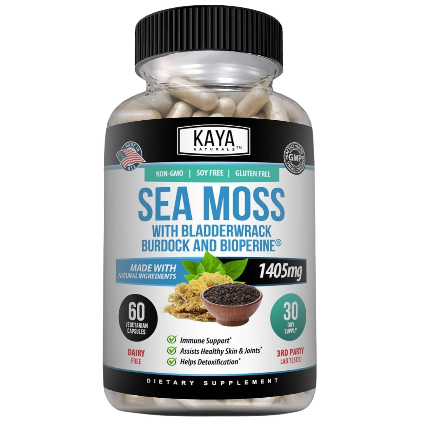 Kaya Naturals Sea Moss Mobility Supplement with Burdock Root, Irish Moss, Bladderwrack, and BioPerine - for Mobility Health and Immune Boost, 60 Capsules
