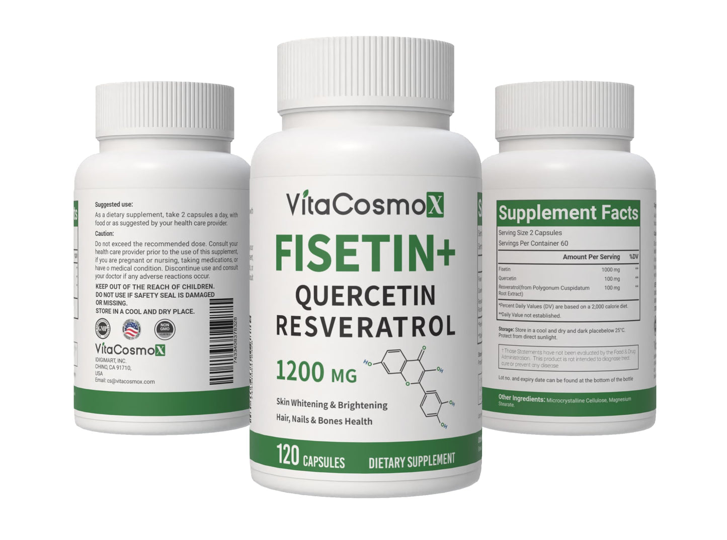 VitaCosmoX Fisetin Quercetin Resveratrol Complex Capsules, 120 Capsules