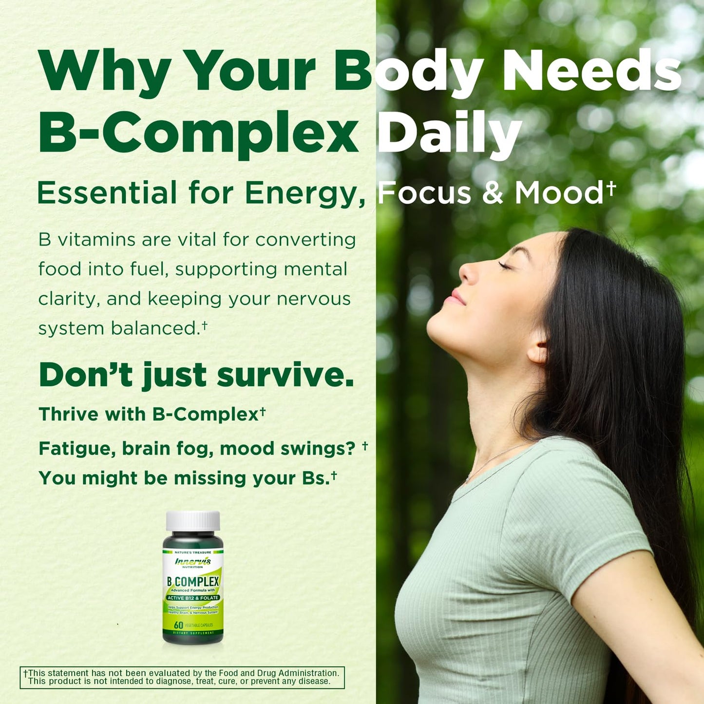 INNERVISNUTRITION Bioactive B Complex with Active B12 & Folate, 60 Vegan Capsules