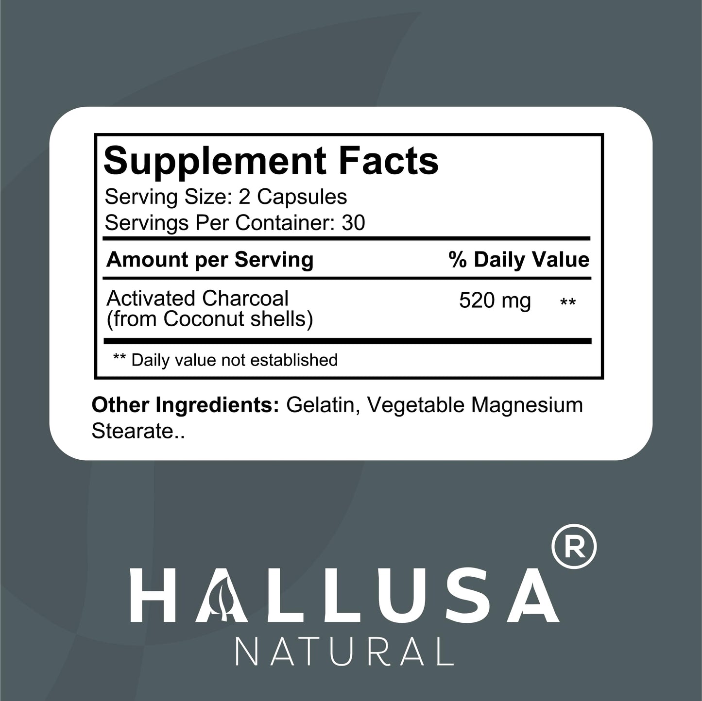 Hallusa Natural HallCharcoal Activated Charcoal 520 mg Coconut Shells Gas & Bloating Digestive Supplement 60 Capsules