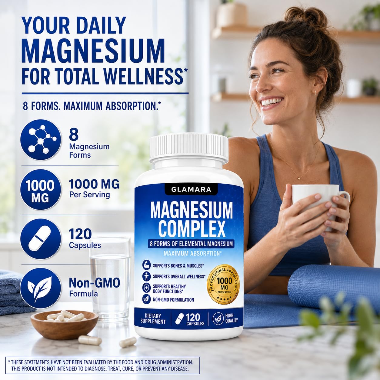 GLAMARA Magnesium Magnesium Complex for Women and Men Capsules, 120 Count