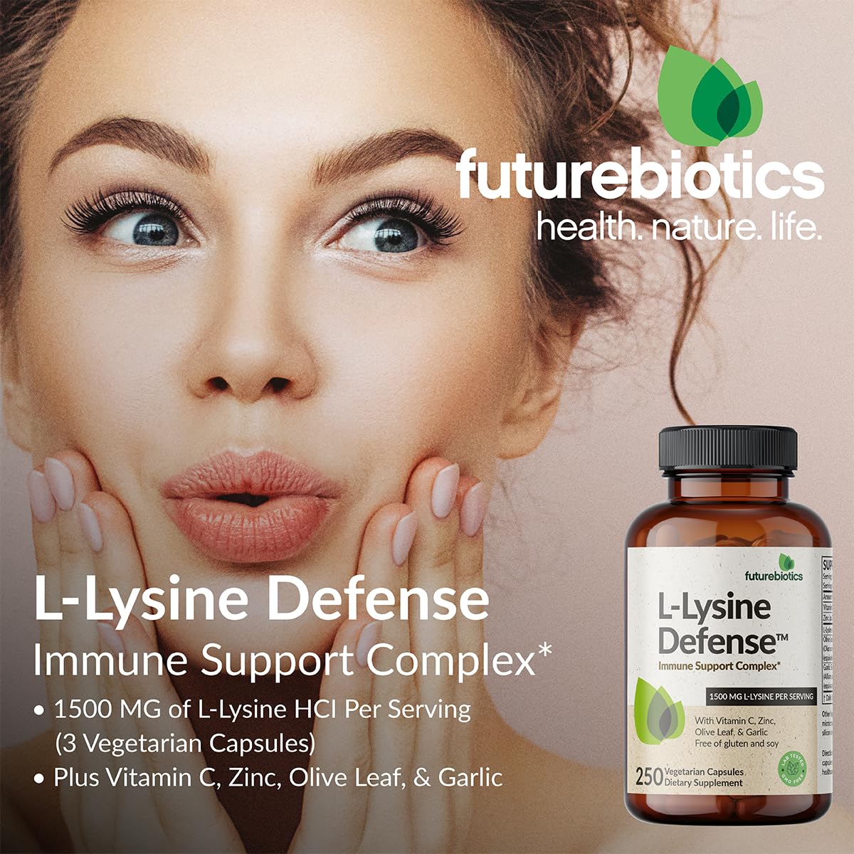 Futurebiotics L-Lysine Defense Immune Support Complex 1500 mg per Serving with Vitamin C, Zinc, Olive Leaf & Garlic Capsule, 90 Count