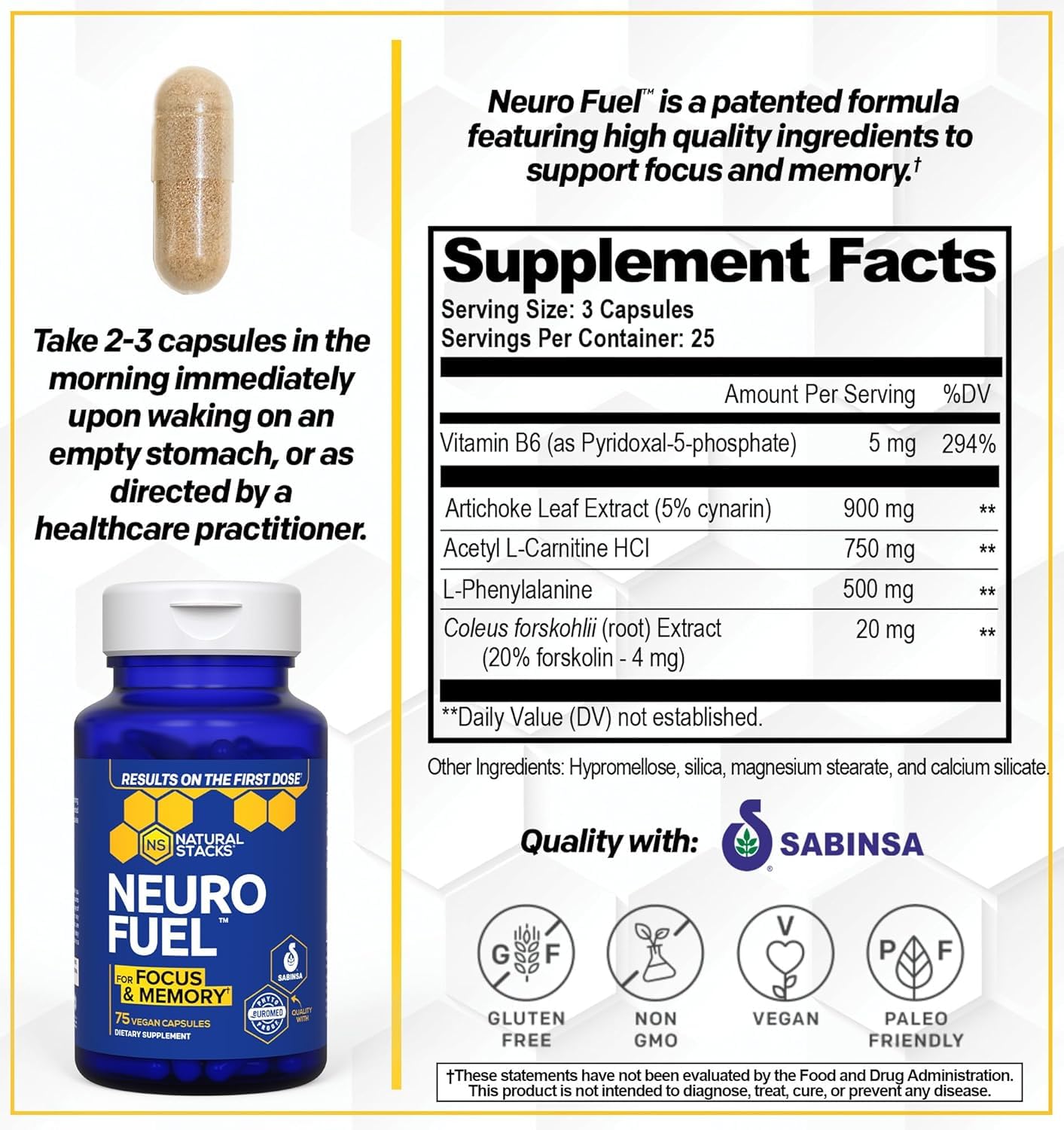 Natural Stacks NeuroFuel Nootropic Brain Supplement For Memory And Focus Capsules, 75 Count