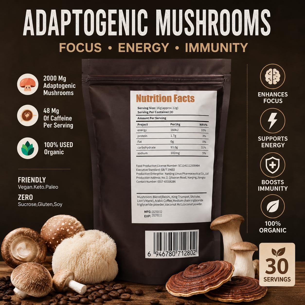 Generic BURTON Mushroom Coffee Organic Adaptogenic Mushroom Blend with Arabica Coffee, Lion’s Mane, Reishi, Shiitake & King Trumpet, 48mg Caffeine, Vegan & Keto Friendly, 30 Servings, Powder, 12.71 oz