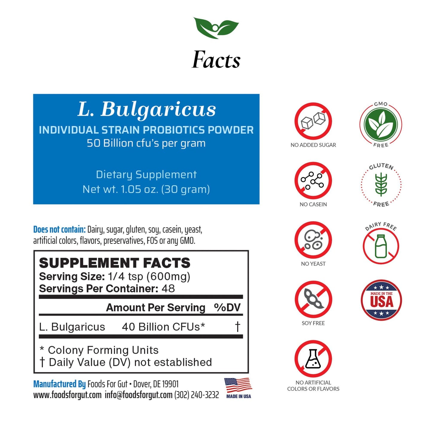 Foods For Gut Lactobacillus Bulgaricus Probiotic Powder, 1.05 oz