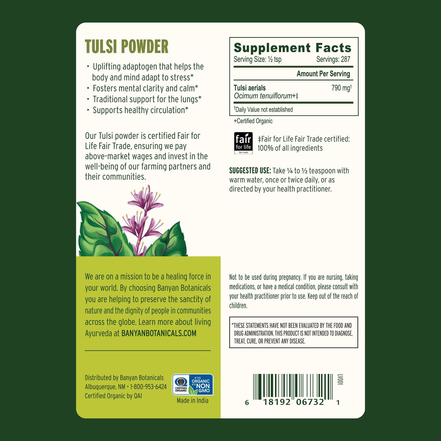 Banyan Botanicals Tulsi Powder Organic Tulsi Holy Basil (Ocimum Sactum) Ayurvedic Adaptogen, 7.95 oz