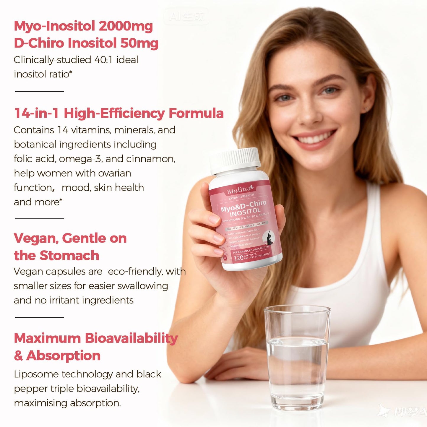 Mulittea Myo-Inositol & D-Chiro Inositol Supplement for Women, 14-in-1 Liposomal Inositol with Folic Acid, Omega-3 & Multivitamin for Hormone Balance, Support Ovarian, Skin & Mood, 120 Vegan Capsules