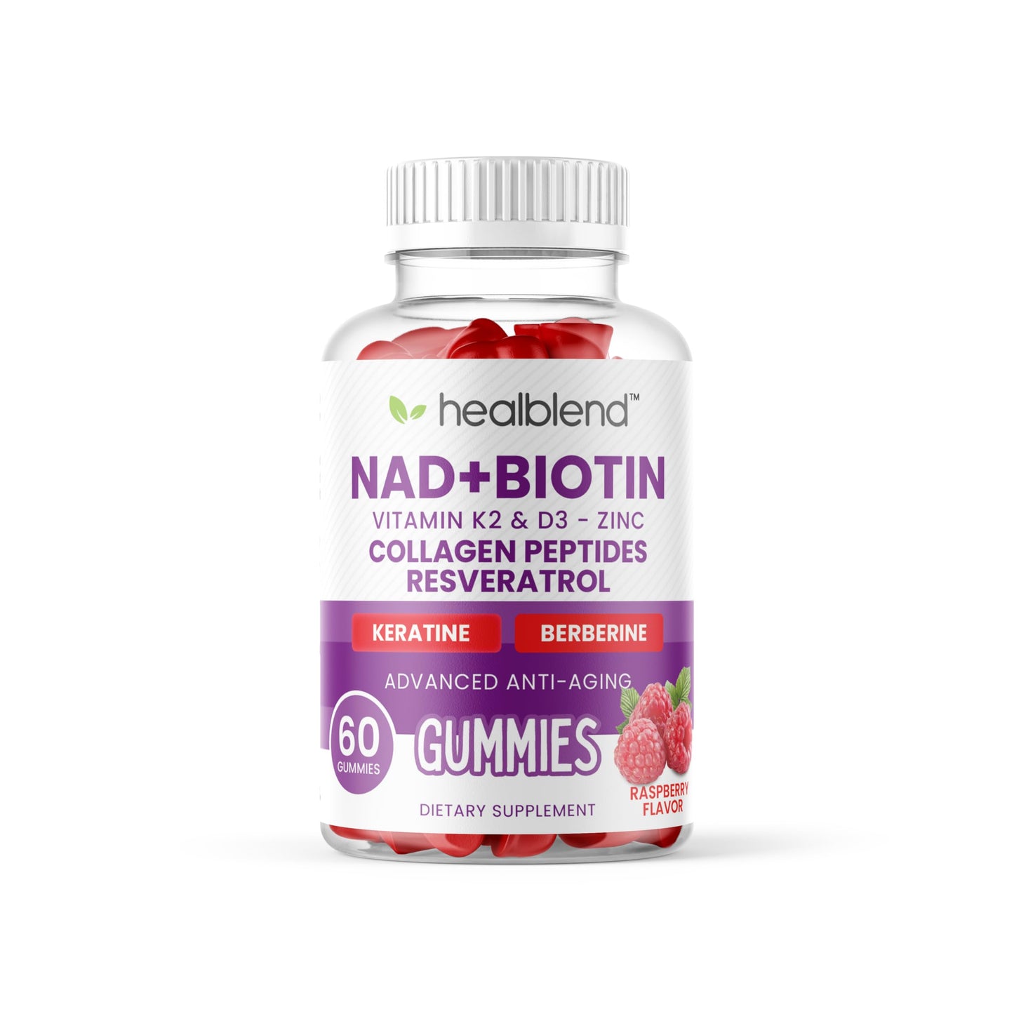 healblend NAD+ Biotin Gummies – Collagen Peptides, Resveratrol, Keratin & Berberine – Anti-Aging Hair, Skin & Nail Support – Vitamin K2 & D3, Zinc – Raspberry Flavor – 60 Gummies