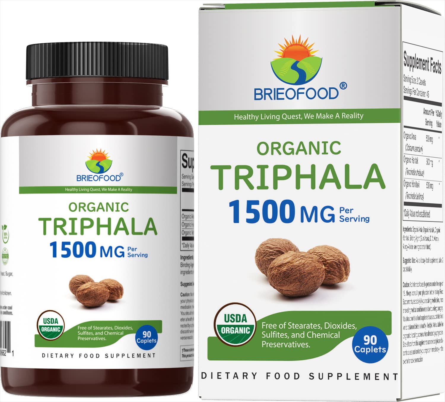 Brieofood Organic Triphala 1500mg Tablet, 90 Tablets