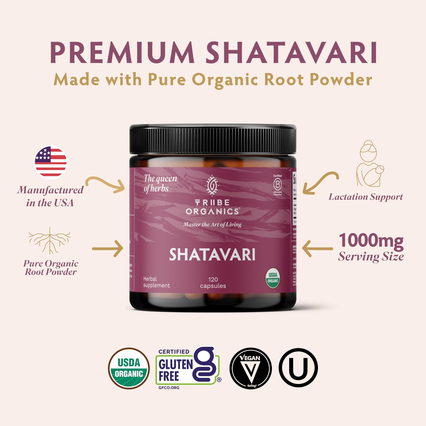 TRIBE ORGANICS Shatavari Herbal Supplement Capsule, 120