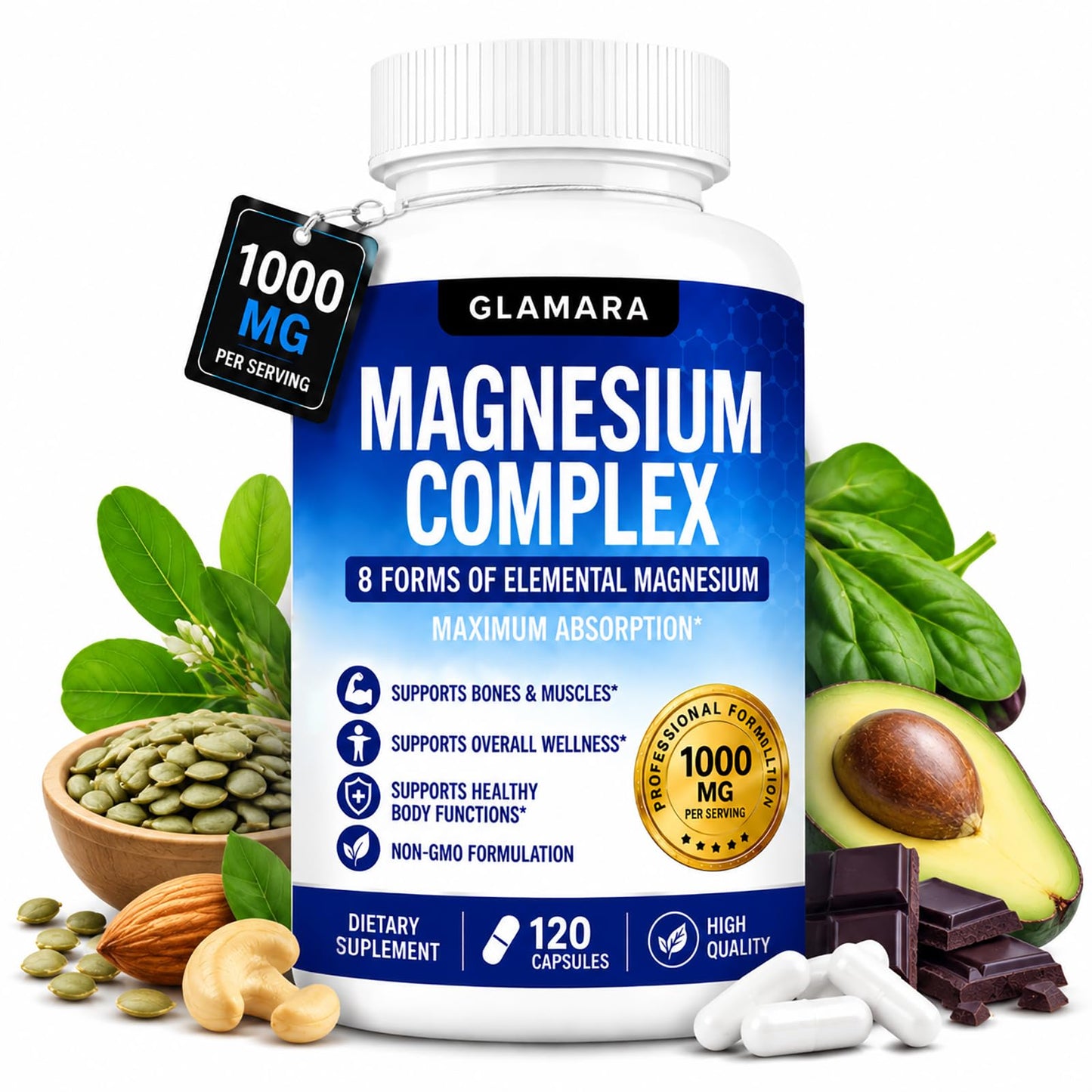 GLAMARA Magnesium Magnesium Complex for Women and Men Capsules, 120 Count