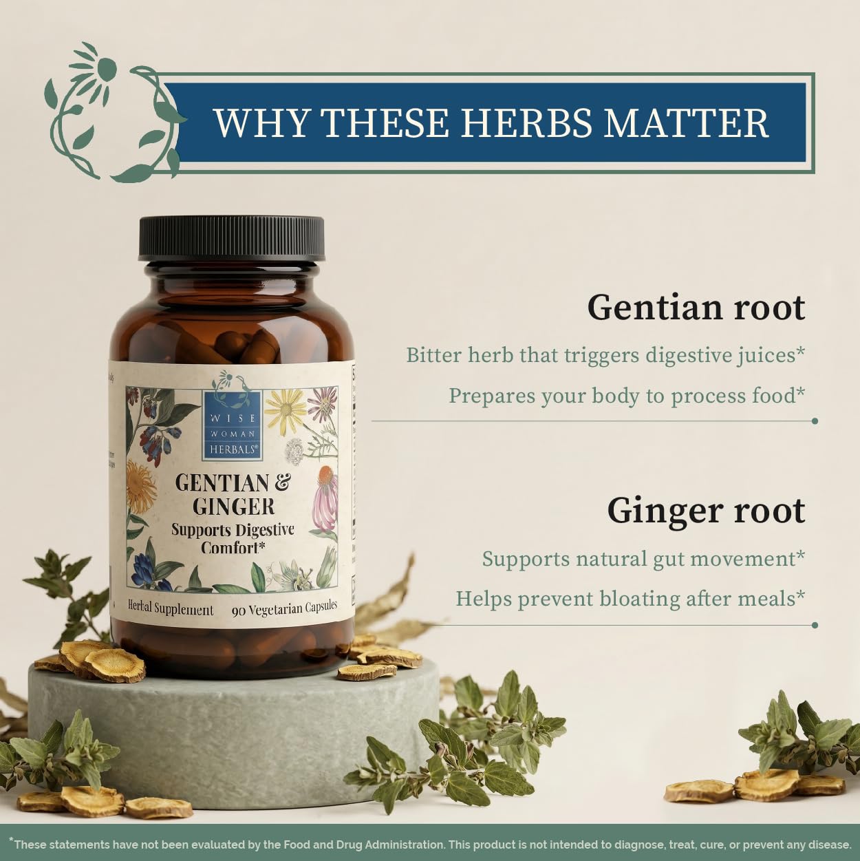Wise Woman Herbals Gentian & Ginger Capsules, 90 Veg Caps