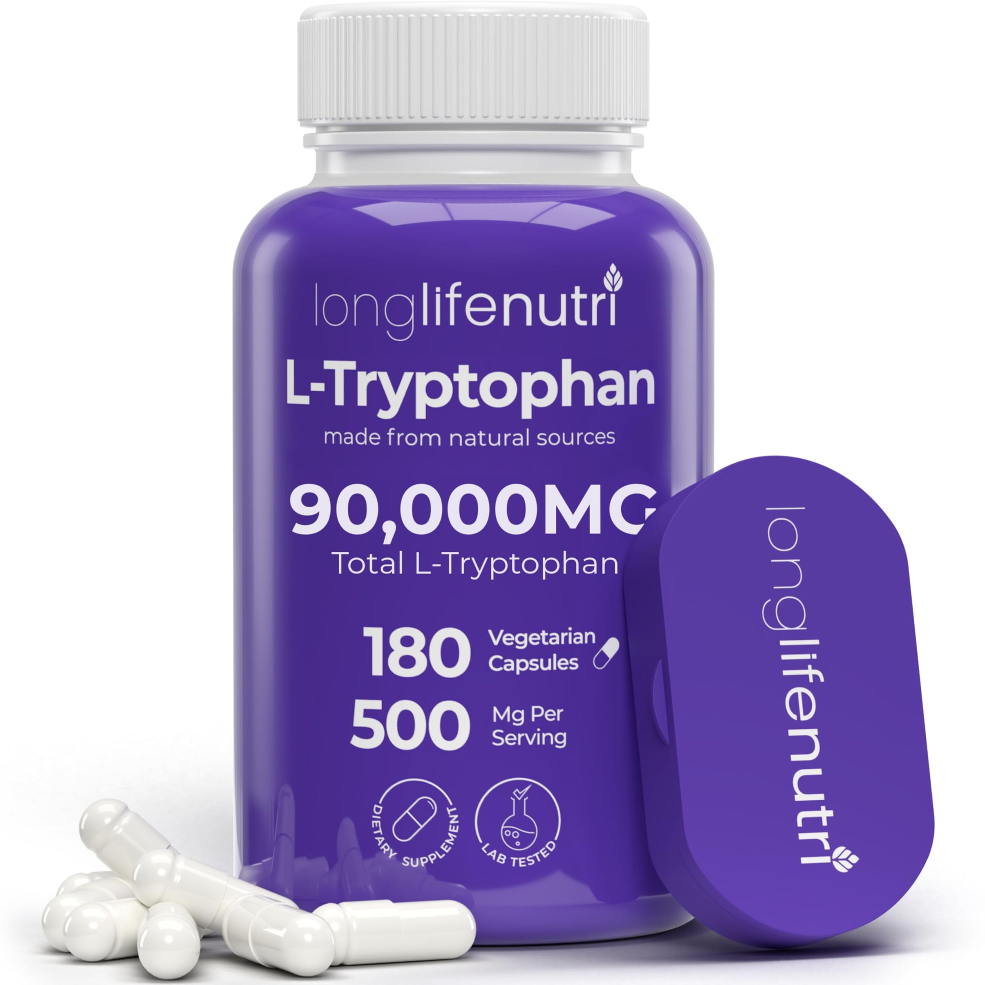 LongLifeNutri L-Tryptophan 500mg Capsules, 180 Count
