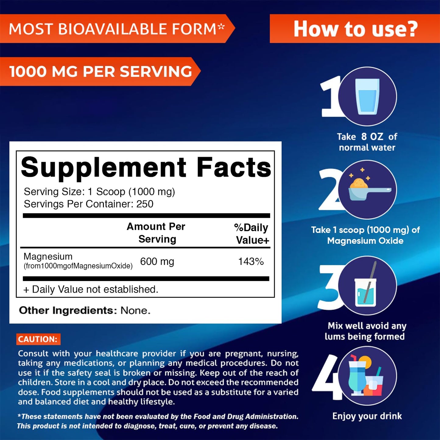 Vitamatic Magnesium Oxide Powder 8.8 oz, 250 Servings, 600 mg Elemental Magnesium, Unflavored