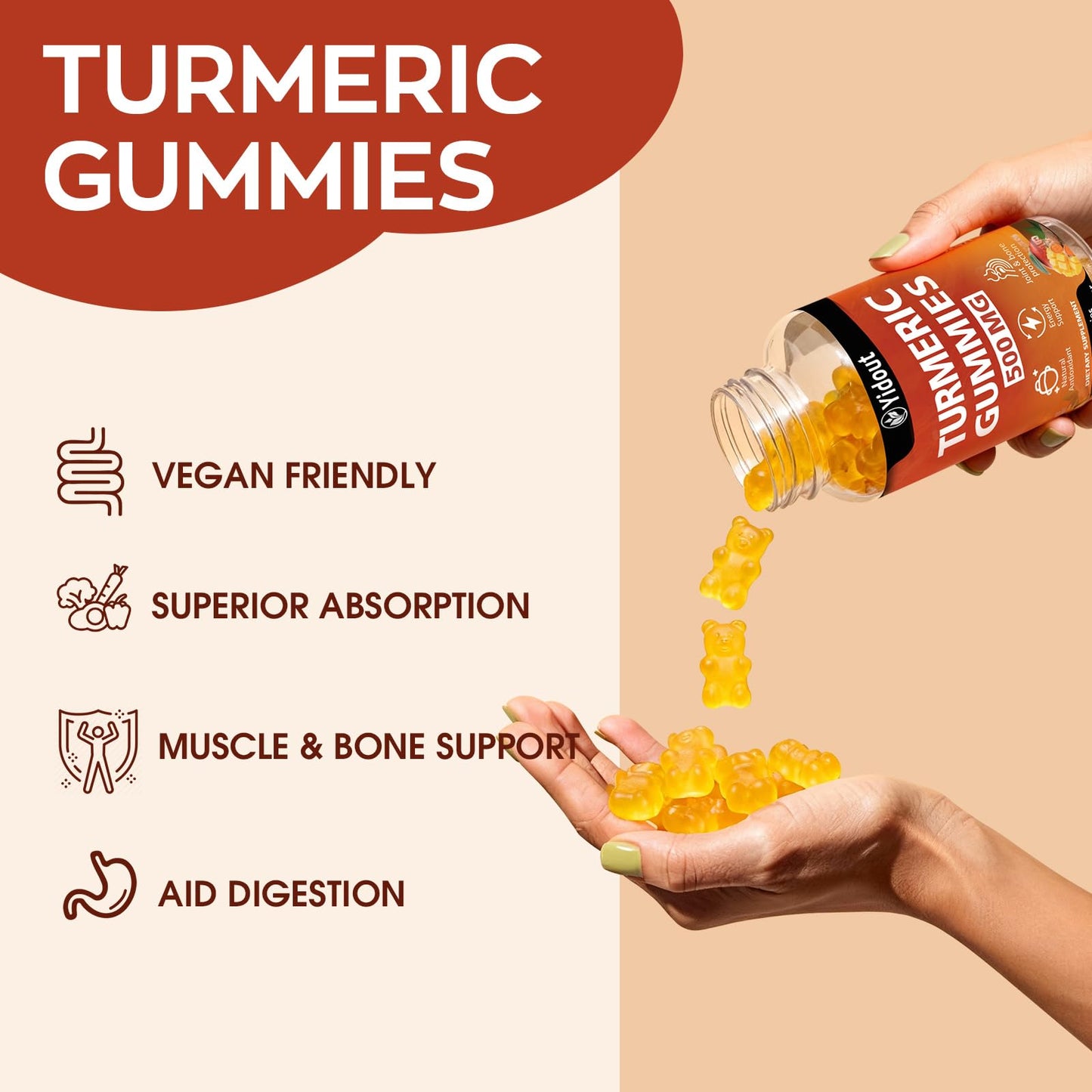 Yidout Turmeric Curcumin Gummies 500mg Mango, 60 Count