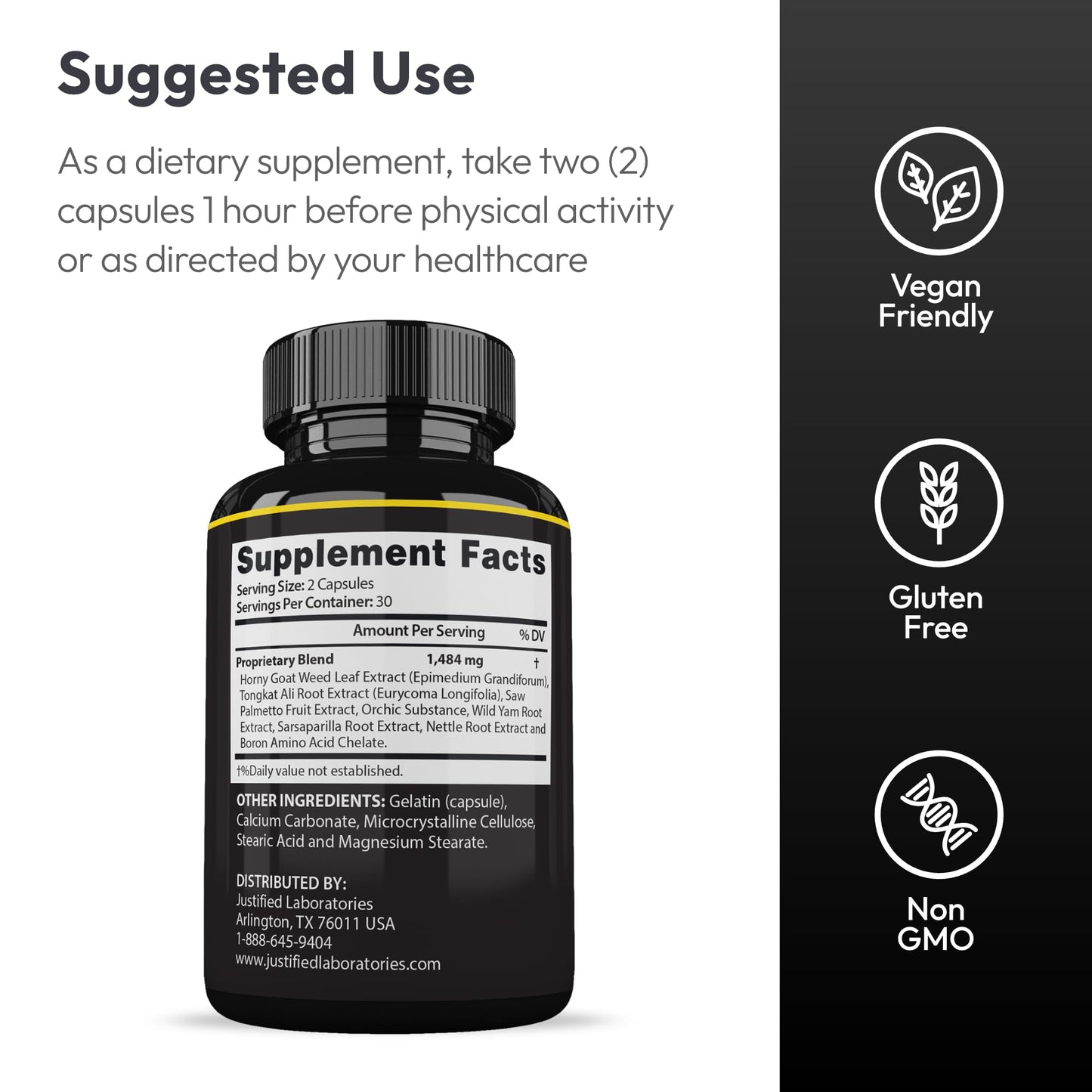 Justified Laboratories Maasalong for Men Testosterone Support Capsules, 60 Count