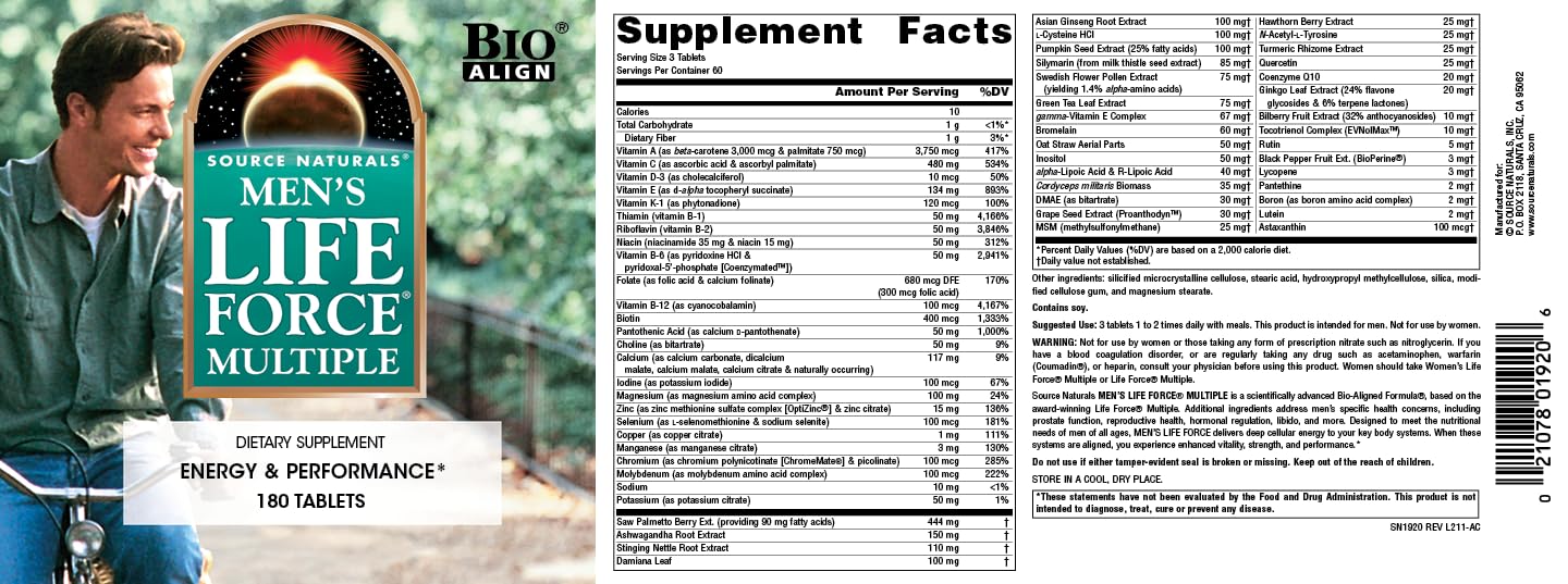 Source Naturals Men's Life Force Daily Multivitamin & Immune Health Supplement Tablets, 180 Count