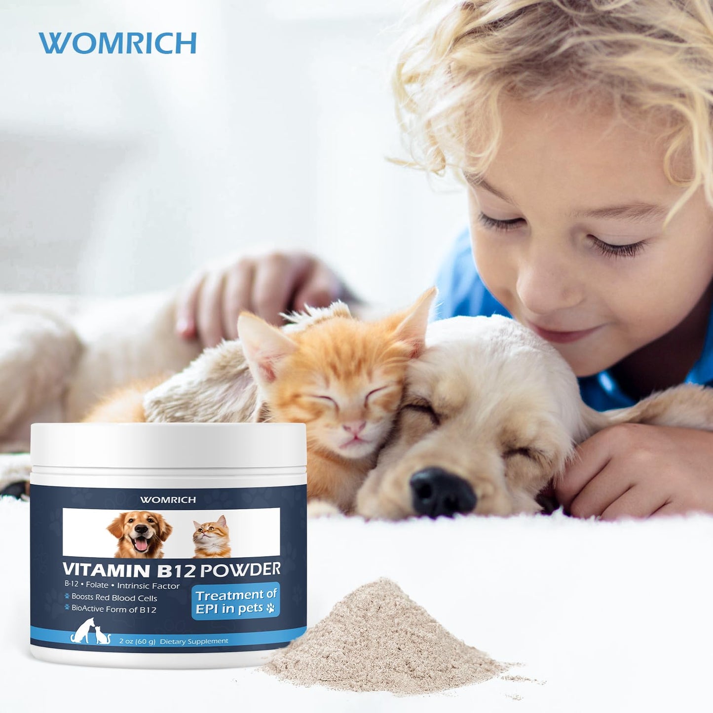 WOMRICH Vitamin B12 Powder for Cats & Dogs, Methylcobalamin with Folate and Intrinsic Factor, 60 g