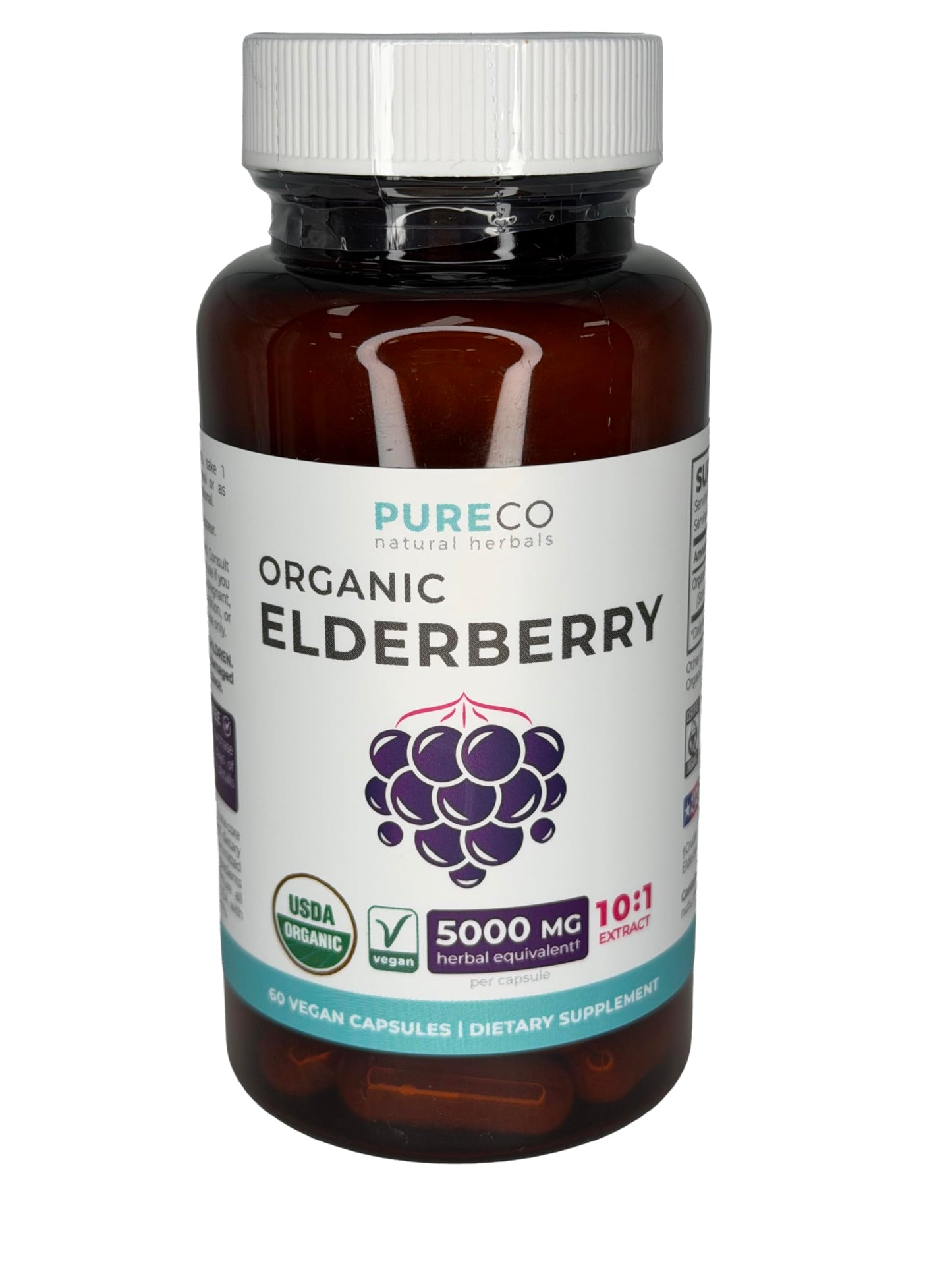 PURE CO Organic Elderberry 10:1 Extract 500mg per Capsule, 60 Capsules
