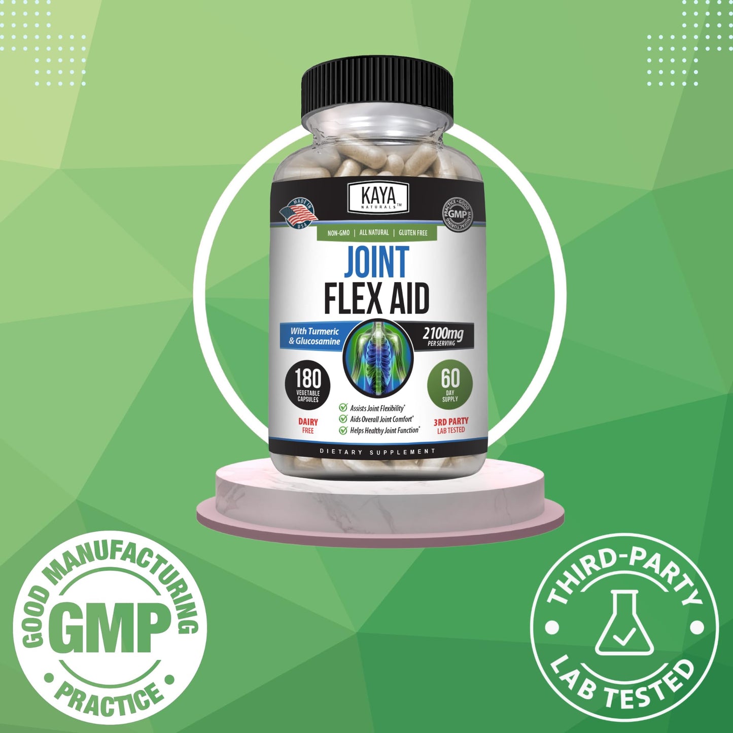Kaya Naturals Flex Aid Mobility Support Turmeric Capsules with Glucosamine Sulfate, Boswellia Serrata and MSM - Knee Support and Mobility Health, 180 Capsules