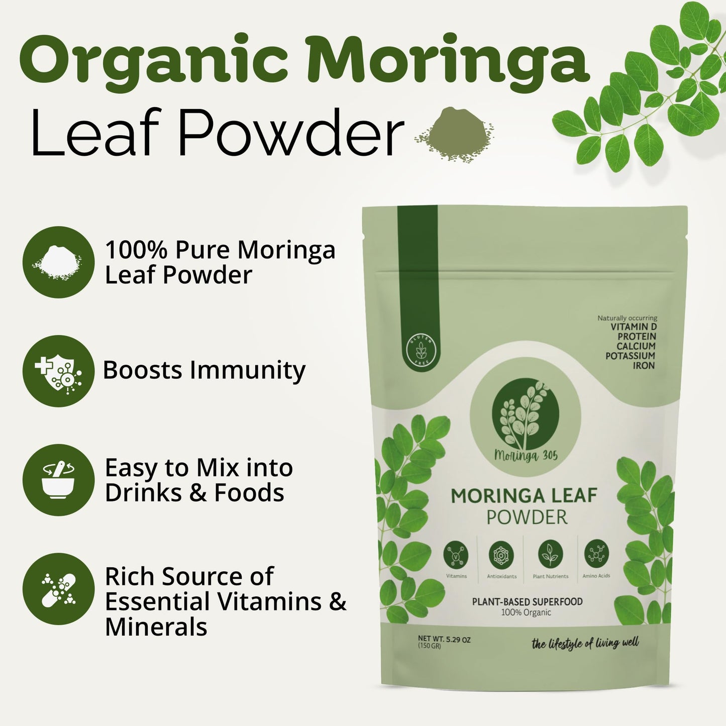 Moringa 305 Organic Moringa Leaf Powder 5.29 oz
