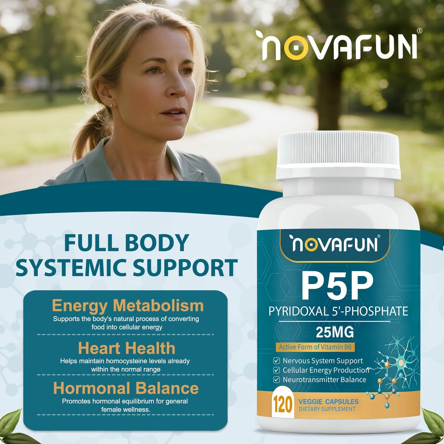Novafun P5P 25mg Active Vitamin B6 Pyridoxal-5-Phosphate Coenzyme Capsule, 120 Veggie Capsules