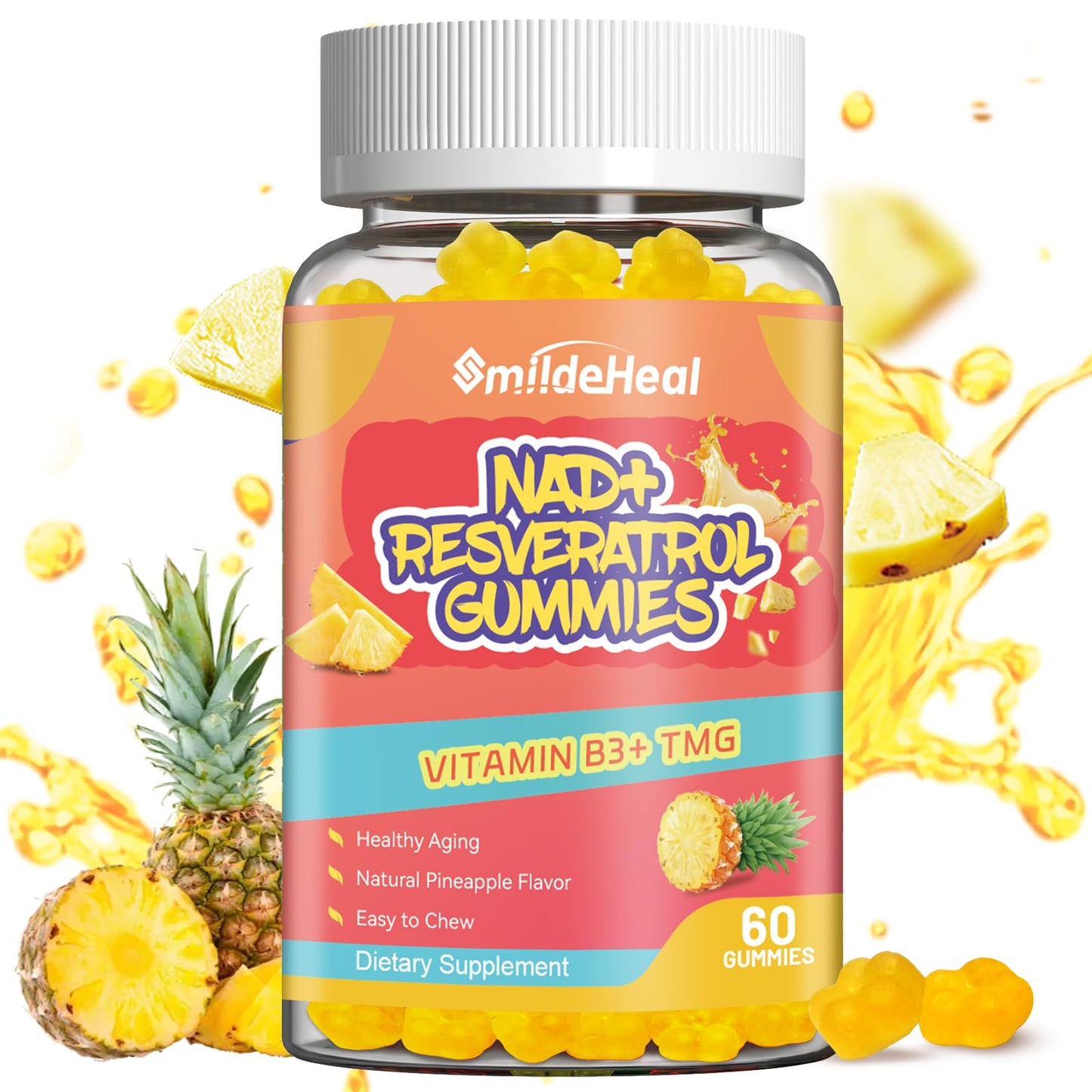 SmildeHeal NAD+ Resveratrol Gummies – NAD+ Supplement 500mg with Vitamin B3 & TMG – Healthy Aging, Energy & Cellular Health Support – Vegan Friendly, Natural Pectin – 60 Gummies