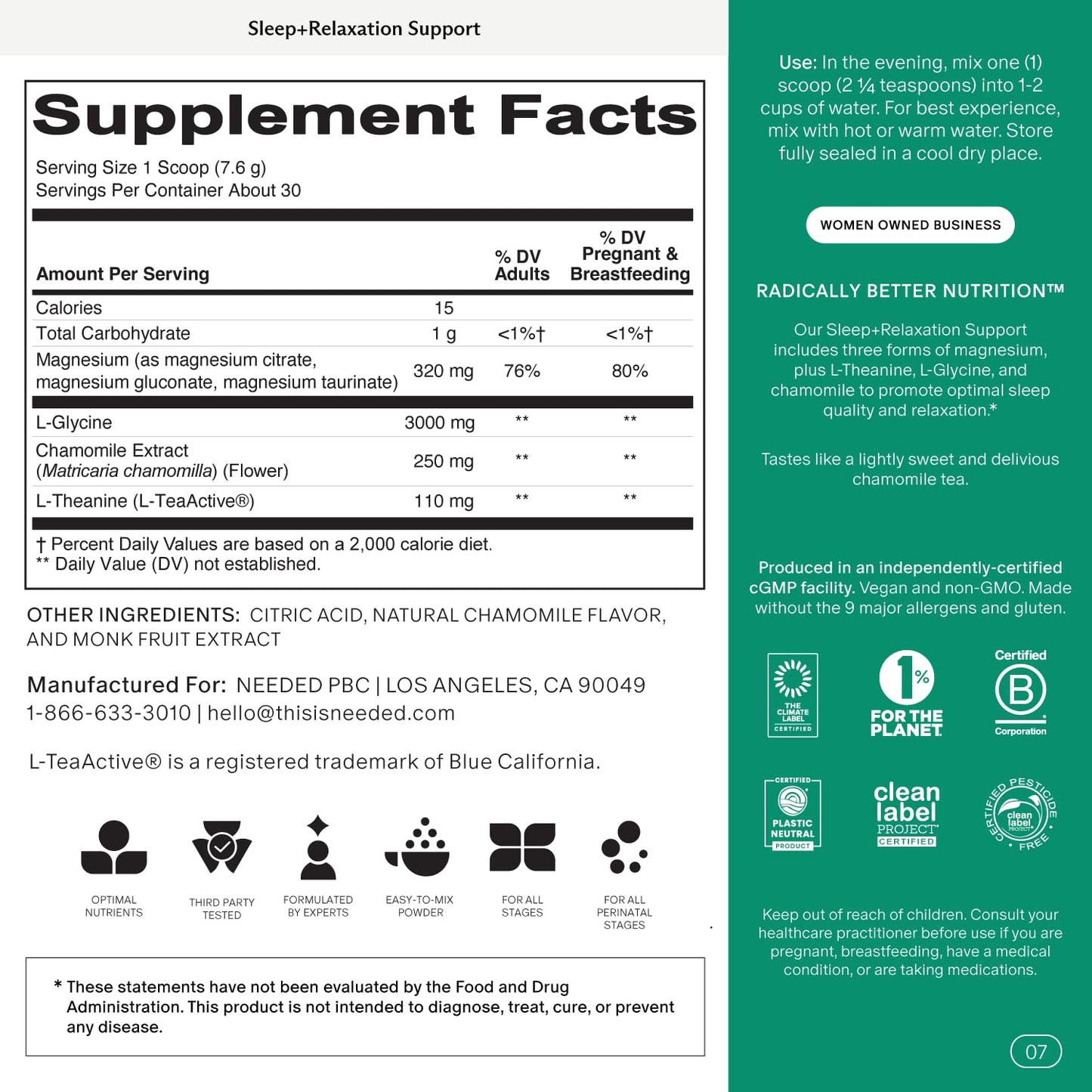 Needed. Sleep and Relaxation Support Chamomile & Magnesium Powder, 7.83 oz