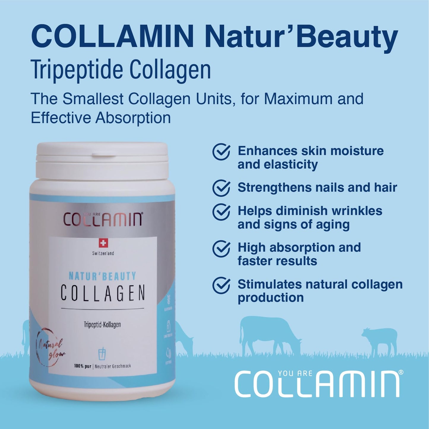 Collamin Natur’Beauty Collagen Premium Hydrolyzed Tripeptide Powder from Grass-Fed Swiss Bovine High Absorption with Essential Amino Acids Supports Skin, Hair, Nails, Joints 18 Tablets