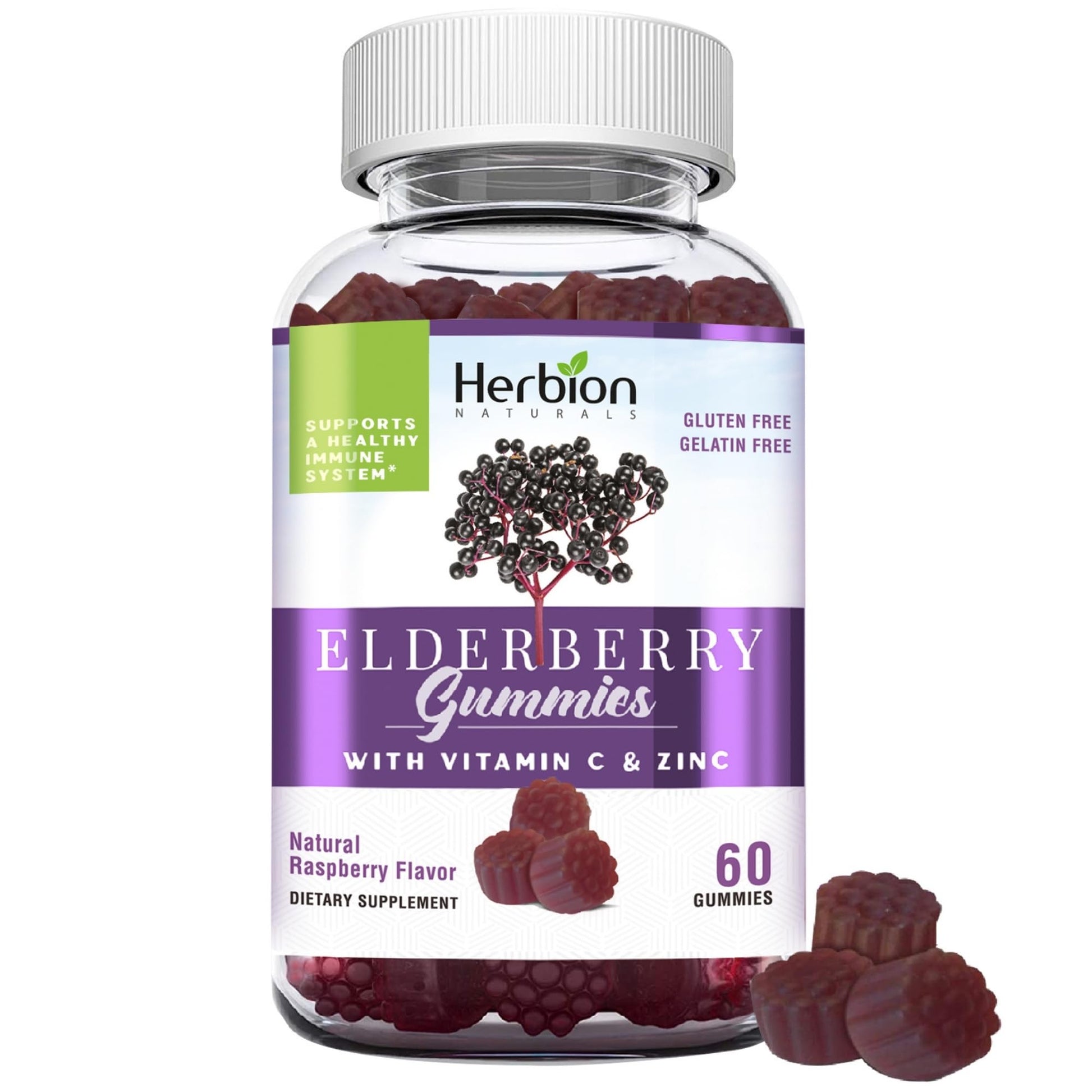 HERBION Elderberry Gummies with Vitamin C & Zinc, 60 Gummies
