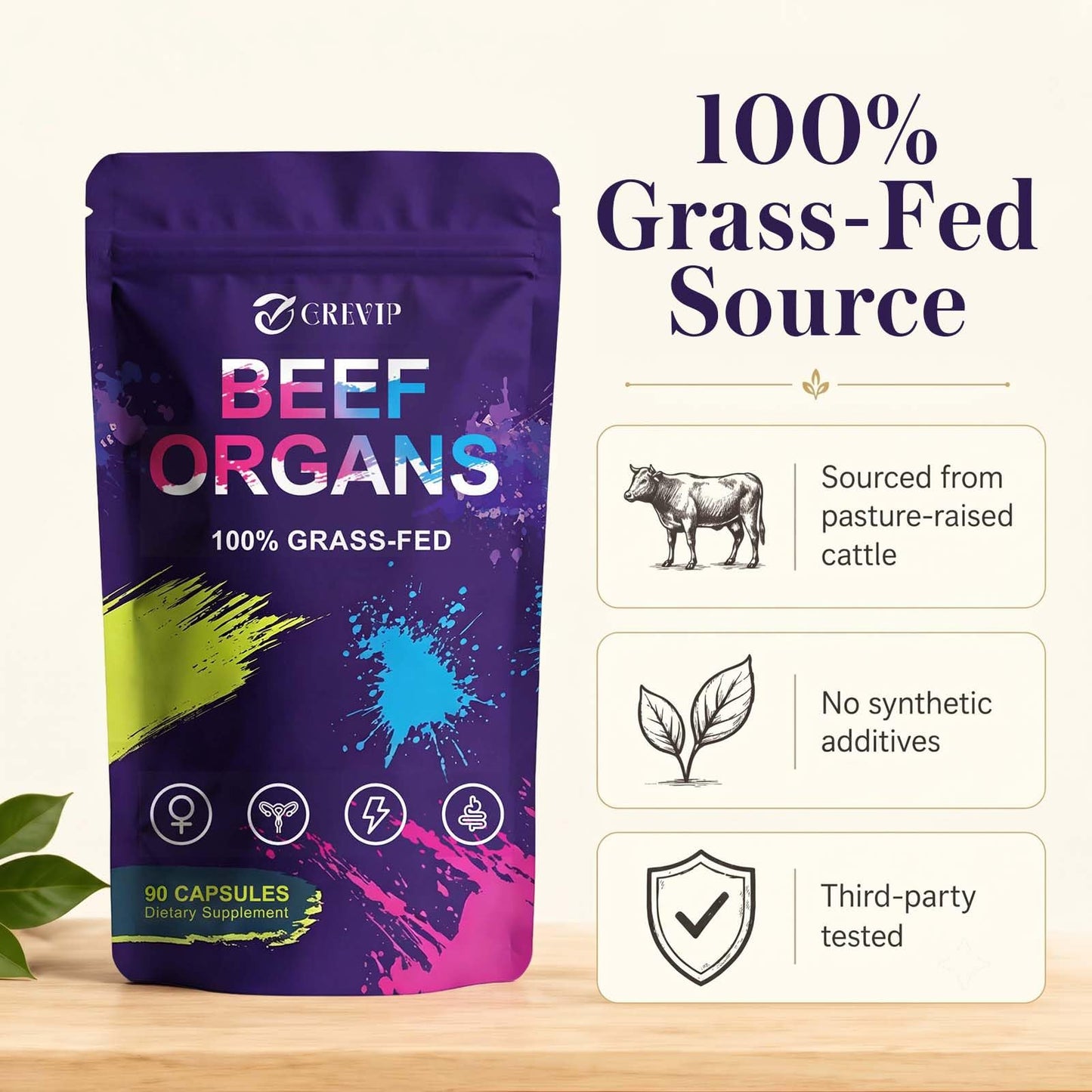 GREVIP Beef Organ Supplement for Women Capsules, 90 Count
