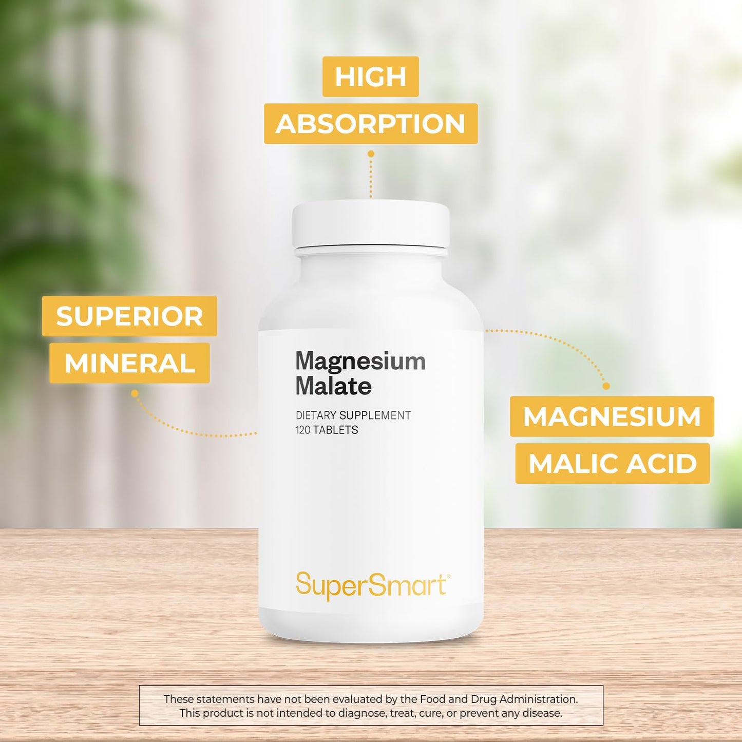Supersmart Magnesium Malate 2400mg per Day (Highly Bioavailable) - Superior Mineral - Magnesium Malic Acid Supplement, Non-GMO & Gluten Free, 120 Tablets