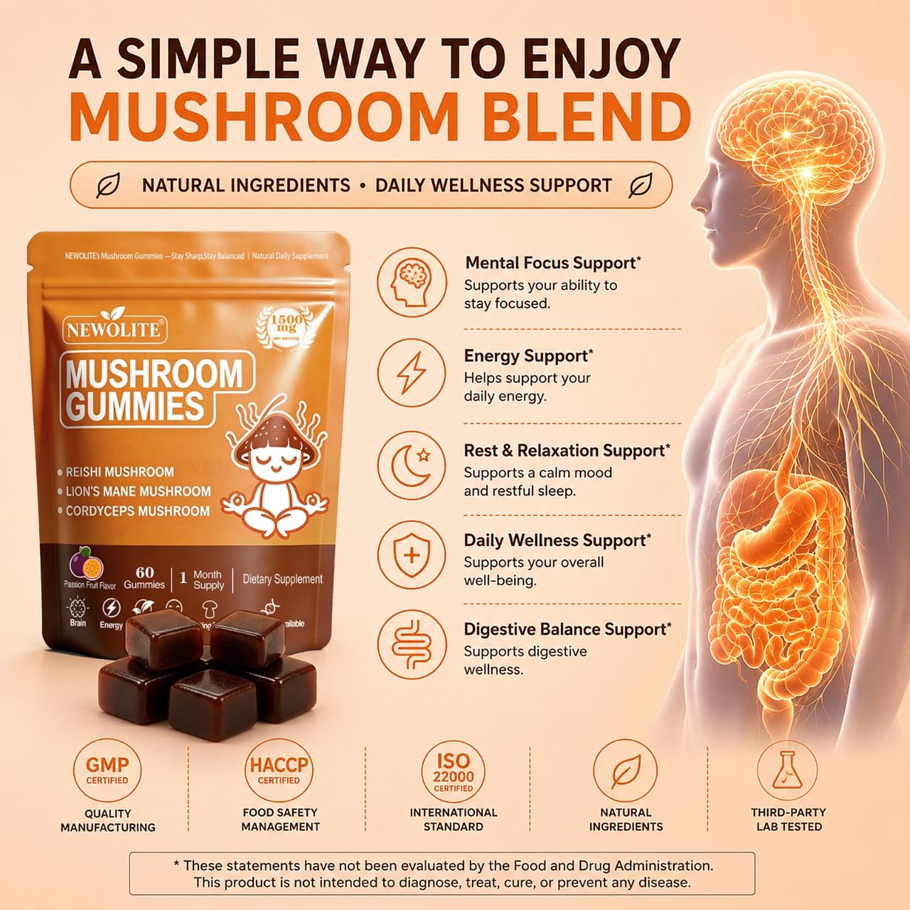 NEWOLITE Mushroom Gummies 1500mg – Functional Mushroom Blend with Lion’s Mane, Cordyceps & Reishi – Vegan Daily Supplement, Halal, 60 Gummies