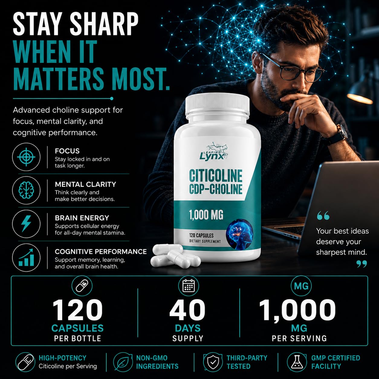 Leaping Lynx Citicoline 1000 mg (CDP Choline) Capsules, 120 Count