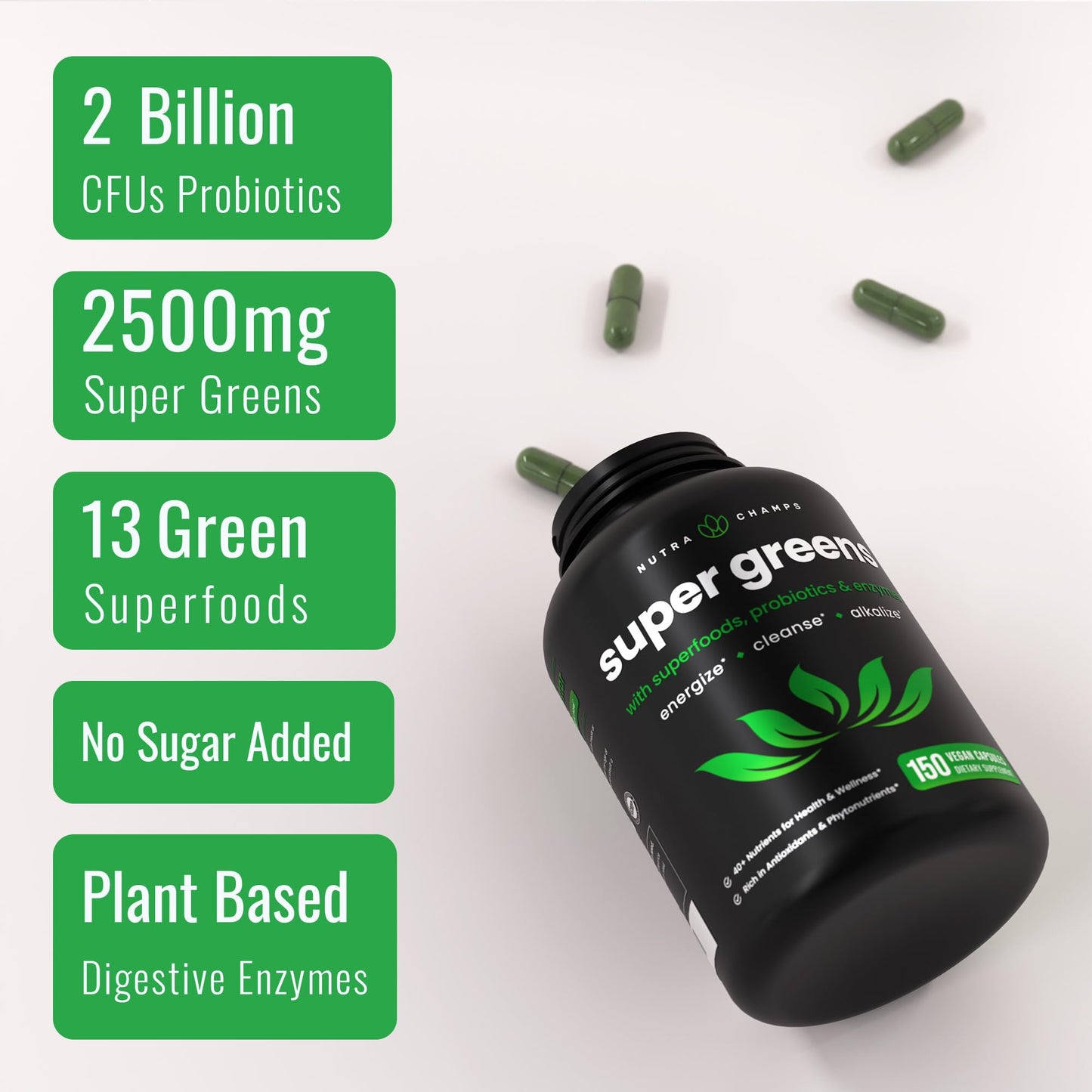 NutraChamps Organic Super Greens Capsules 150 Count