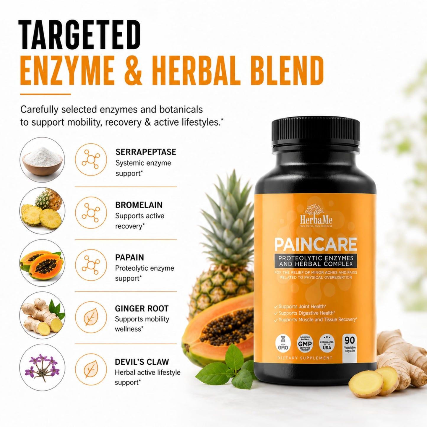 HerbaMe Proteolytic Enzymes with Serrapeptase, Bromelain & Herbal Blend for Mobility & Active Recovery Support, Systemic Enzyme Formula for Joint Flexibility & Active Wellness, 90 Capsules