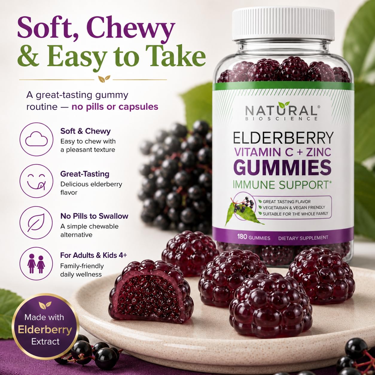 Natural BioScience Sambucus Elderberry Gummies with Zinc and Vitamin C, 60 Gummies