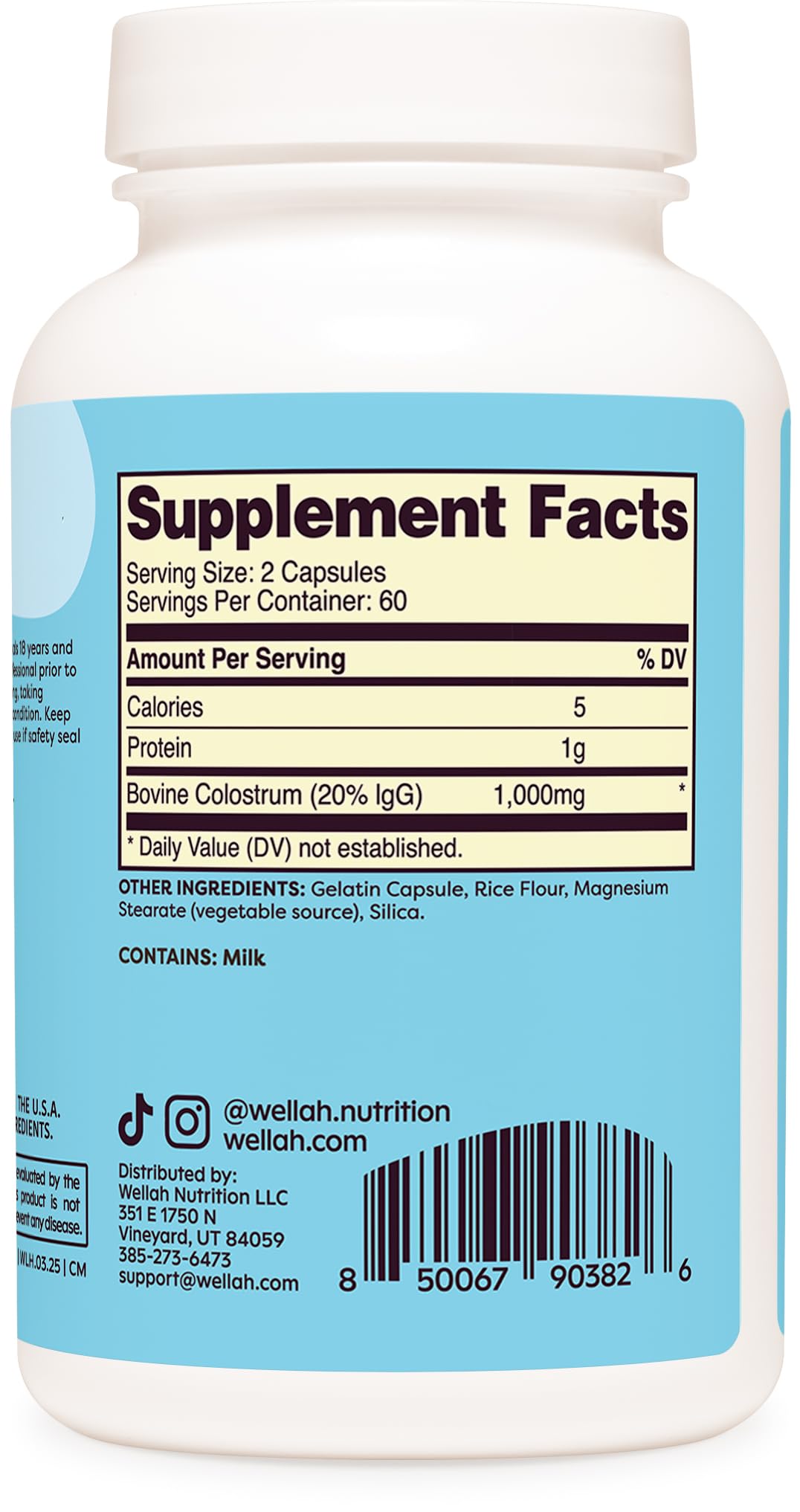 Wellah Pasteurized Colostrum Capsules (1000mg) 120 Capsules