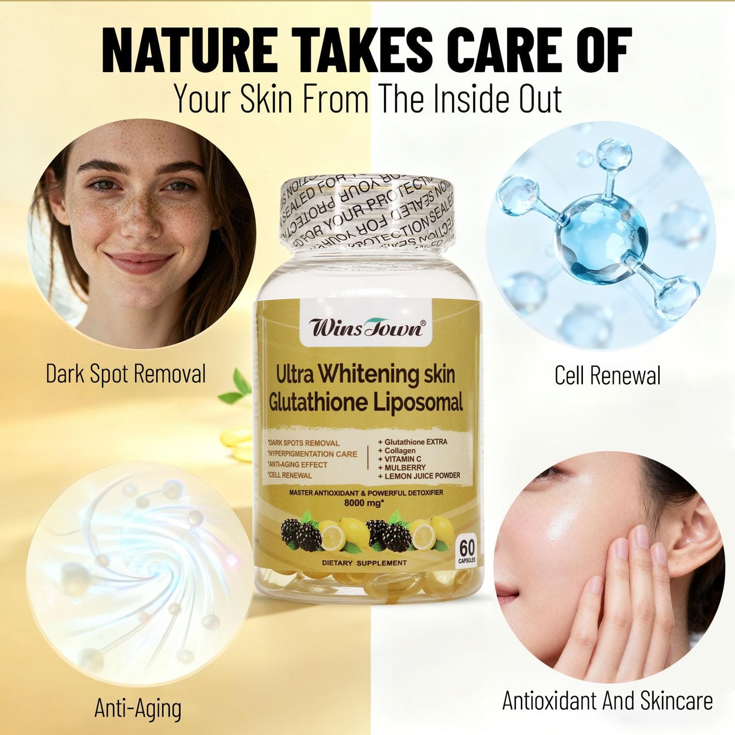 Wins Town Whitening Skin Glutathione Liposomal Softgels, 60