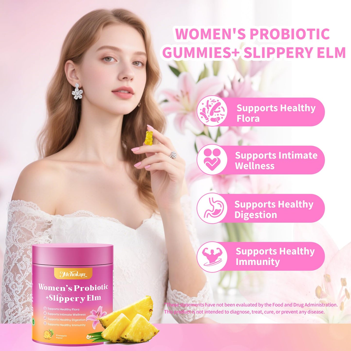Mchokuu Feminine Probiotics Gummies for Women, pH Balance, Pineapple, 60 Count