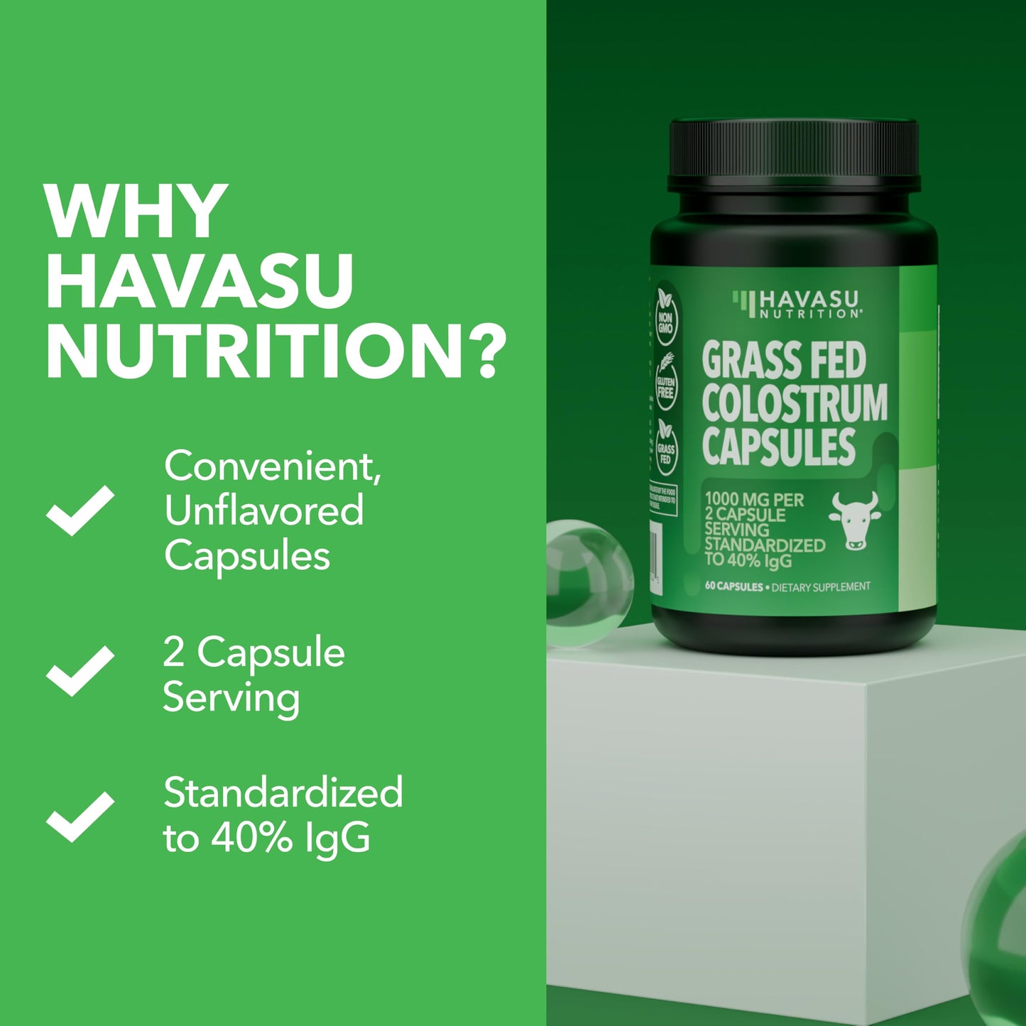 HAVASU NUTRITION Grass Fed Colostrum Supplement for Immune and Gut Health - 1000mg Bovine Colostrum per Serving with 40% IgG, 90 Capsules