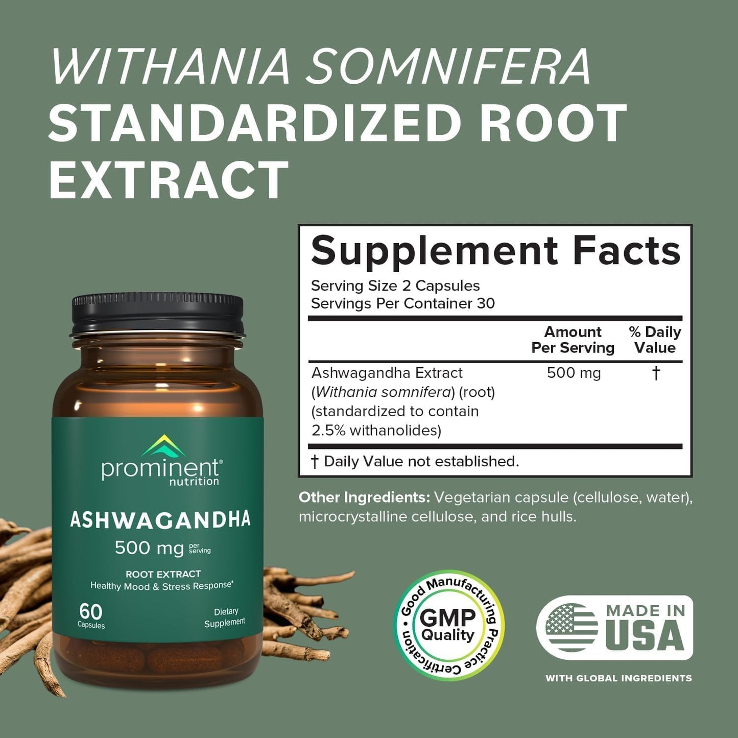 Prominent Nutrition Ashwagandha Root Extract 500 mg, Standardized to 2.5% Withanolides, Capsules, 120 Count