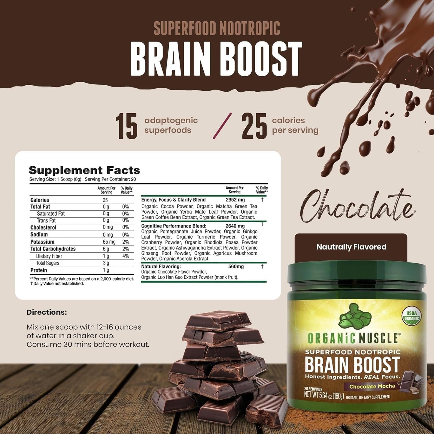 Organic Muscle Brain Boost Nootropics Blend Powder 5.64 Ounce - Vegan & Organic Superfood for Focus, Memory & Productivity with Ashwagandha, Ginkgo & Ginseng - Chocolate Flavor