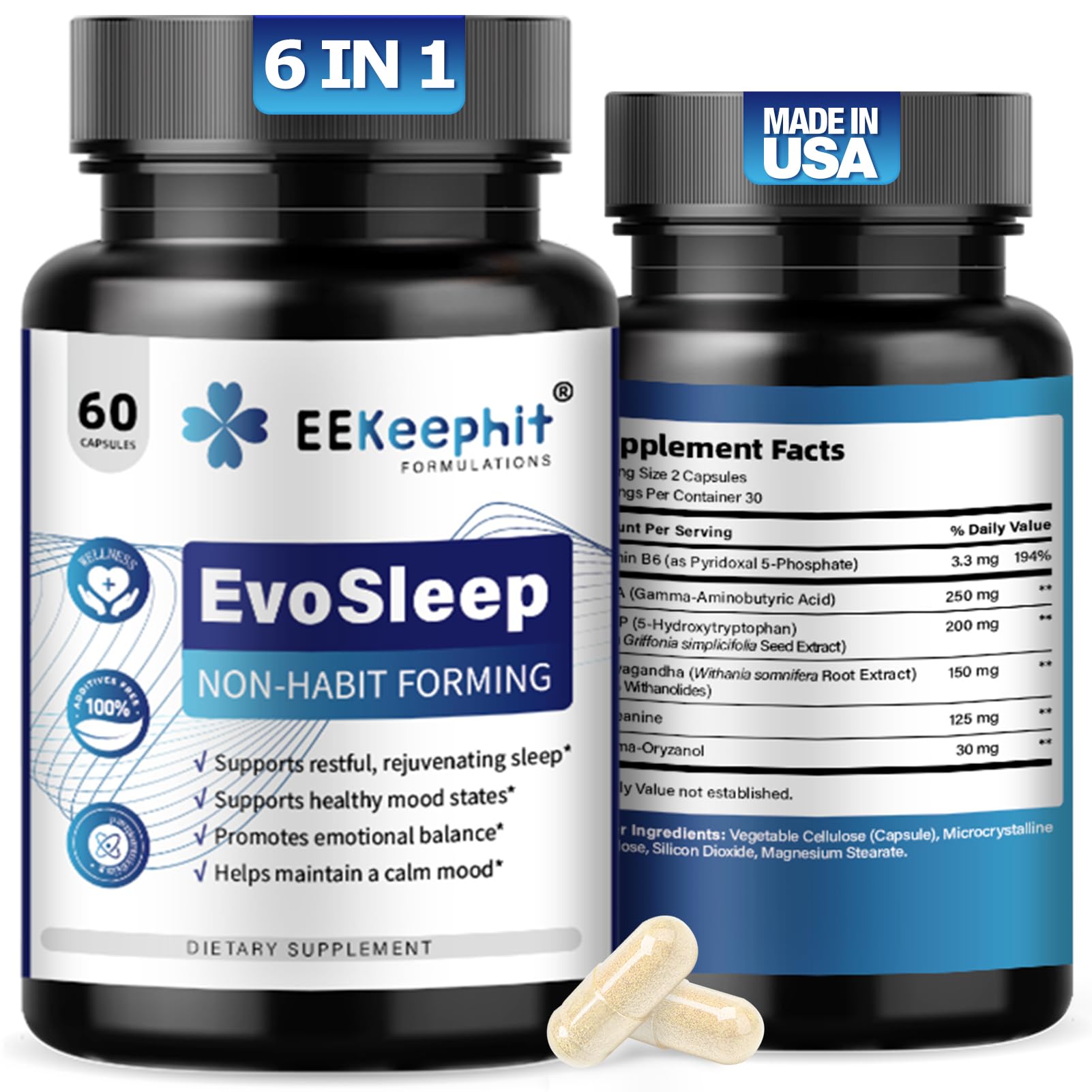 EEKEEPHIT 6 in 1 Melatonin-Free Sleep Aid Sleep Complex with Ashwagandha, GABA, L-Theanine & 5-HTP, VIT B6(P5P) for Adults, Supports Deep Relaxation, Capsule, 60 Capsules