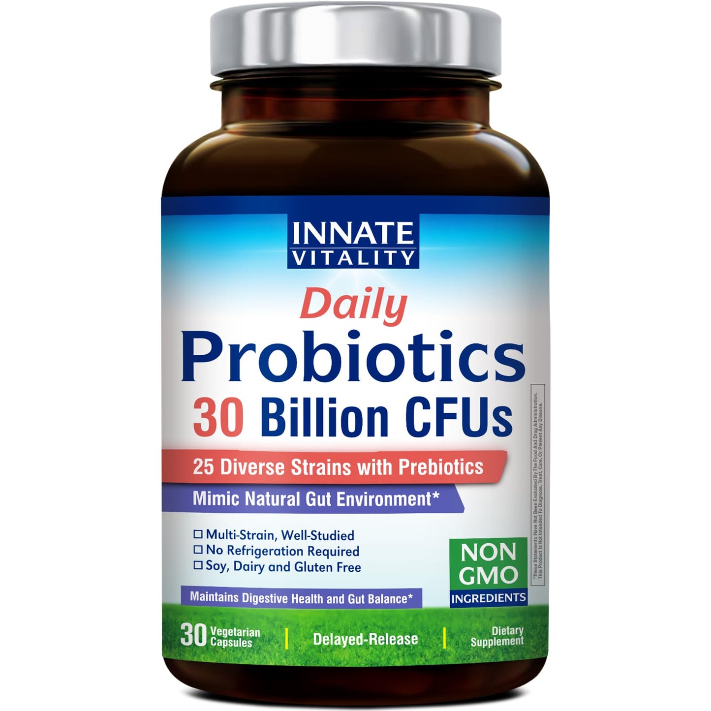 Innate Vitality Daily Probiotics for Women & Men, 30 Billion CFU of 25 Strains, Prebiotics, Delayed Release, 30 Capsules