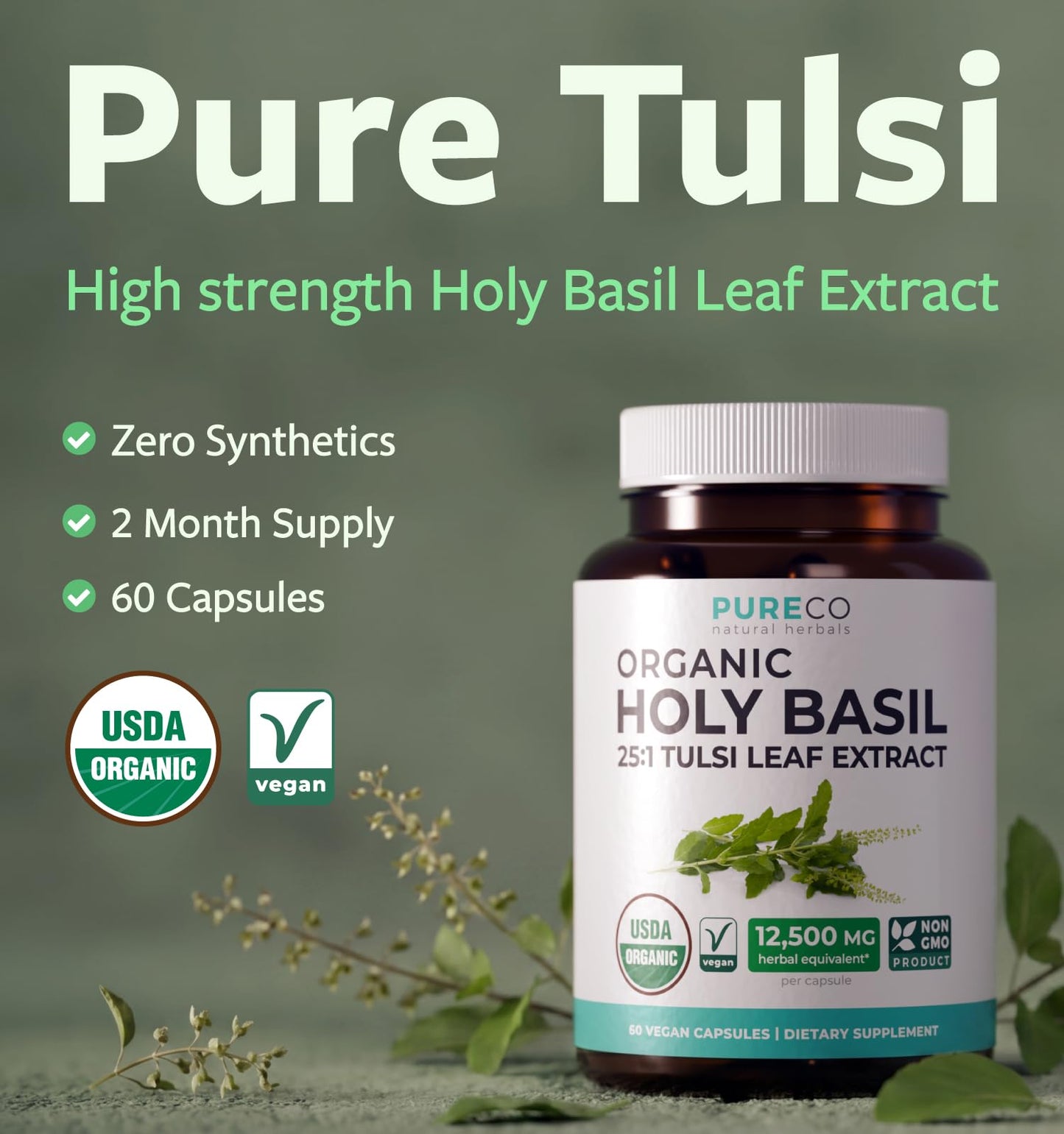 PURE CO Holy Basil Supplement 60 Capsules